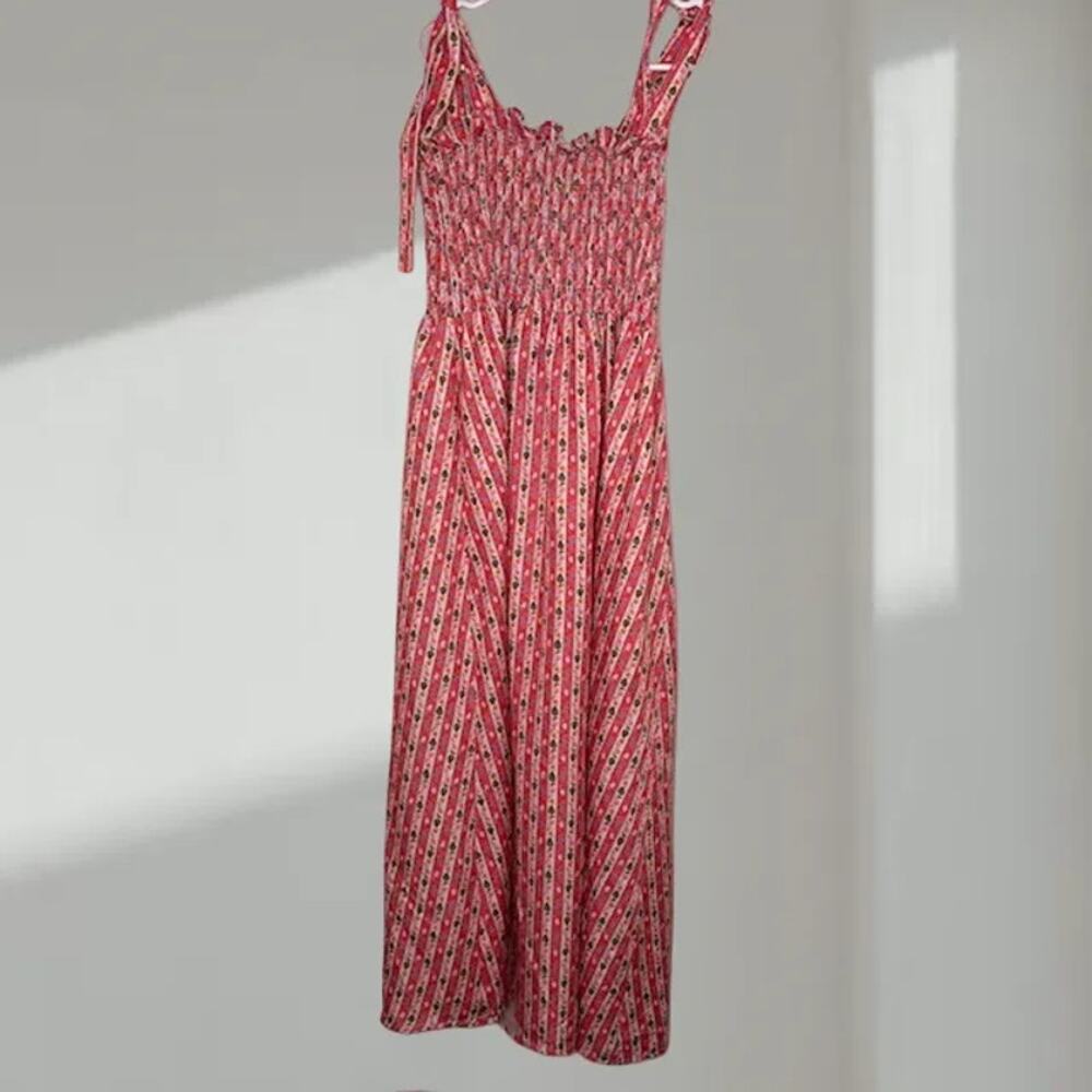 Red & Pink Smocked Midi Dress – Geometric Floral Print (Women’s 2)